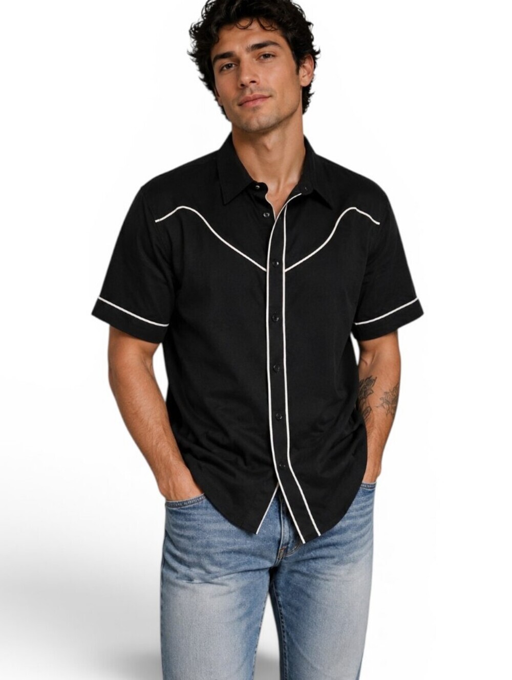 NWT Weekday Black Western Piped Lyocell Button Up Shirt. Size Large